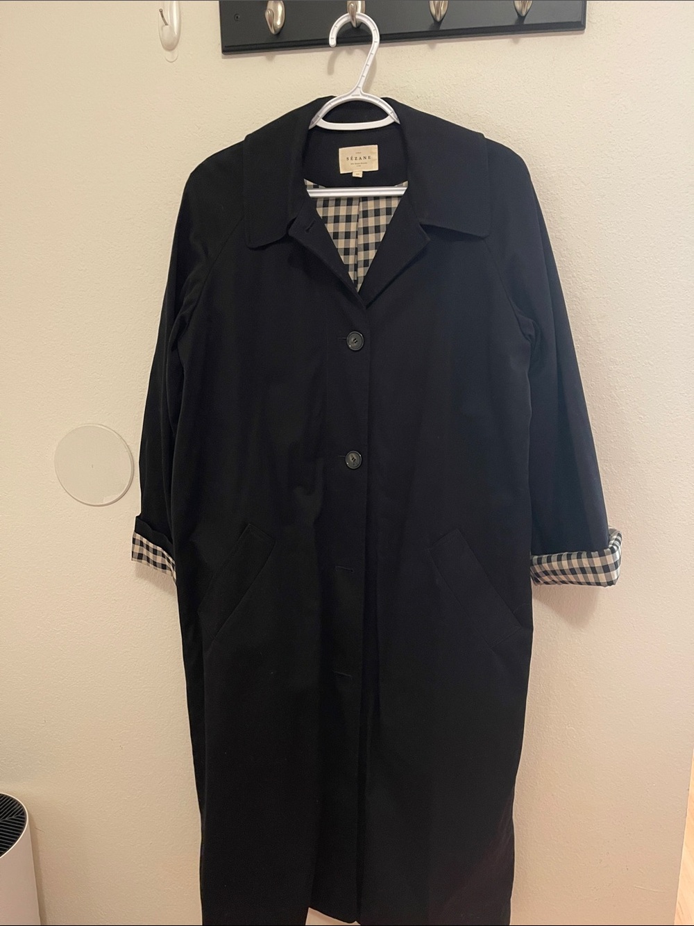EUC Sezane Black Trench Coat with Checked Lining - Women